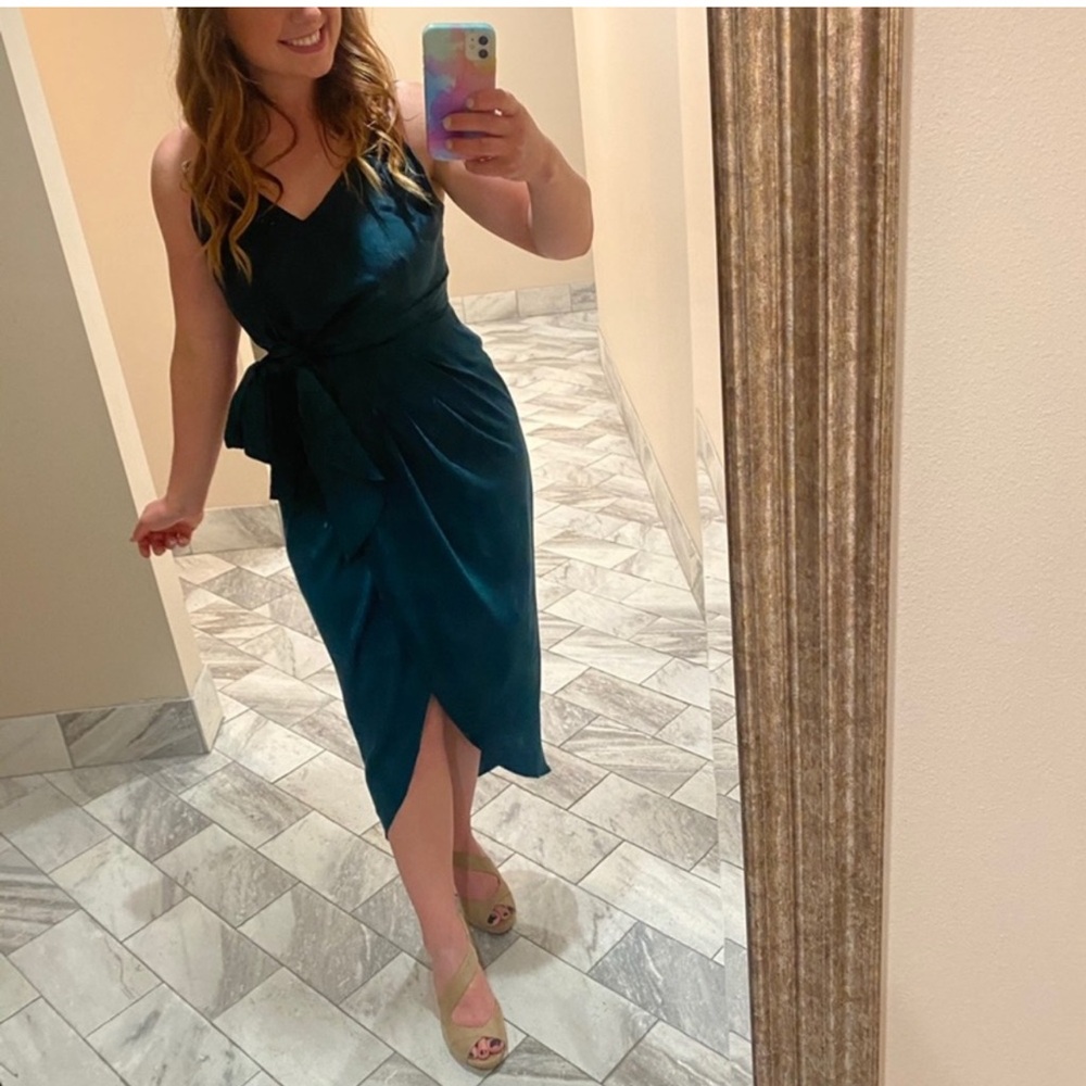 Baltic born high low dark teal satin cocktail dress tie waist spaghetti straps